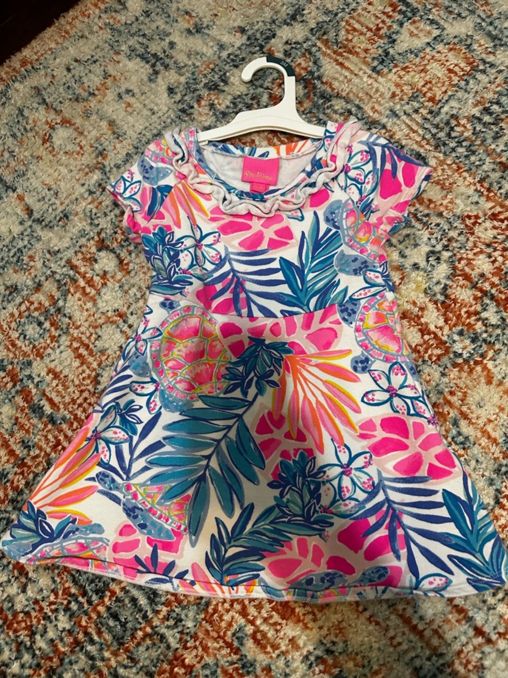 Lilly Pulitzer Girls' Pink Blue Tropical Ruffle Dress